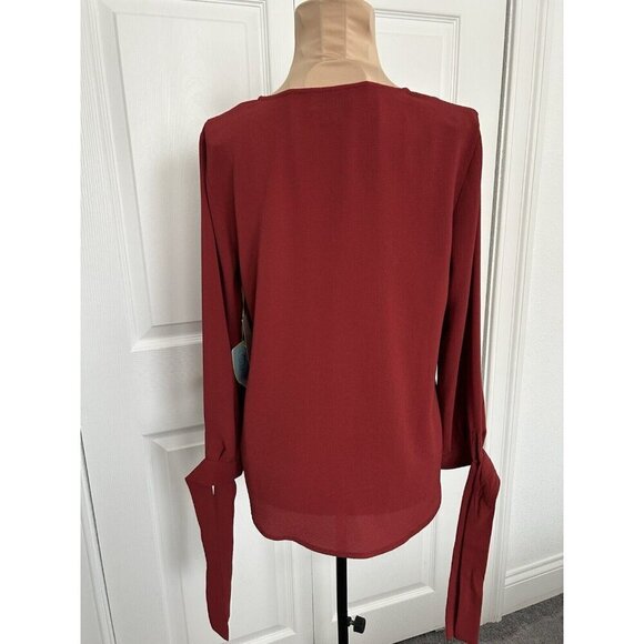 CeCe V-Neck Tie Cuff Detailed Crepe Blouse Womens Relaxed Fit Clare Red Sz XS - Picture 3 of 9